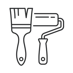 Paint brush and roller icons. Editable stroke outline icons for wall painting, surface coating, and home renovation.