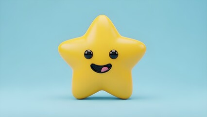 A cute and adorable 3D yellow star with a cheerful expression, round black eyes, and a sticking out tongue. Set against a clean and aesthetic plain blue background.