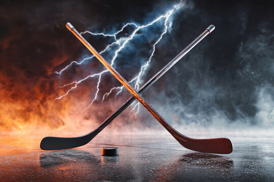 Two modern dark hockey sticks clash for a puck set amid a backdrop of fire and lightning, showcasing dramatic lighting and vivid details