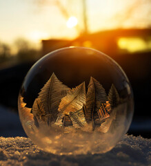 Zimowa impresja, wschód słońca, mróz, zamarzająca bańka mydlana na mrozie, tapeta. © mycatherina