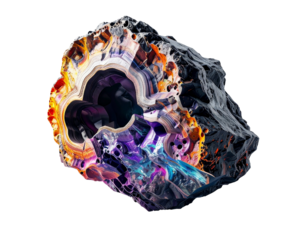 Cross-section reveals colorful interior of abstract, crystalline formation