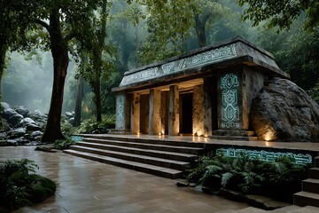 Ancient temple in misty forest with neon green hieroglyphics glowing