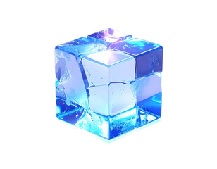 Abstract digital image of a fractured blue cube with glowing highlights