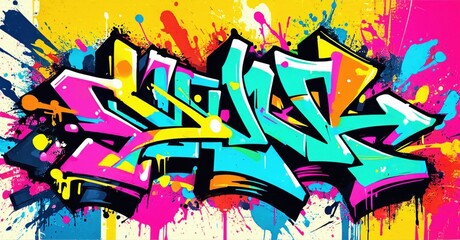 Fototapeta premium Vibrant graffiti artwork features bold lettering, dynamic splashes, bright colors. Energetic street style expression dominates composition.