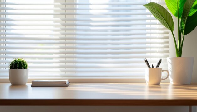 Sunny home office desk with blinds, featuring green plants and everyday essentials, for a bright and productive workspace