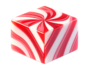 A glossy, cube-shaped confection with a red and white spiral pattern