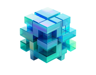 Translucent, abstract cube of overlapping, glass-like blocks
