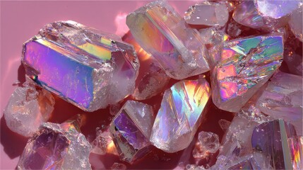 Colorful crystals are arranged on a flat surface to showcase their shiny surfaces and natural shapes under bright light during the day