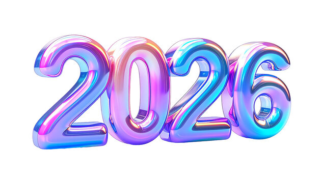 Iridescent, glossy "2026" numbers floating on a black background - Powered by Adobe