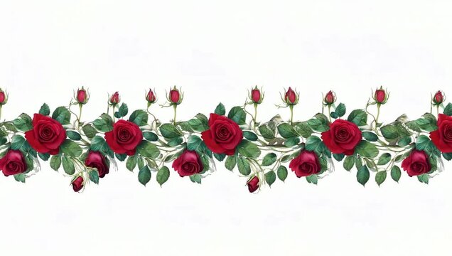 A decorative border of red roses and green leaves on a white background.