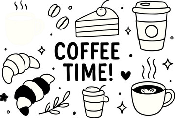 Hand-drawn coffee doodle set with mugs, croissants, cakes, and lattes. Vintage line art vector for morning caf&eacute;, bakery, and cozy poster decoration.