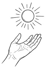 Obraz premium Hand drawn line art illustration of a hand and sun depicting hope and natural energy for environmental themes