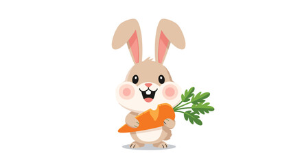 Obraz premium Adorable brown and white cartoon rabbit smiling and holding a large orange carrot with green leaves on its lap.