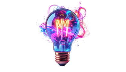 Glowing lightbulb with colorful smoke and intricate filament design