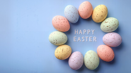 Pastel easter eggs arranged in circle on blue surface for holiday
