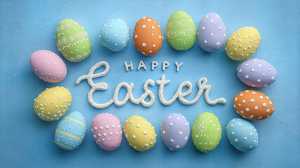 Colorful easter eggs arranged in circle on blue background