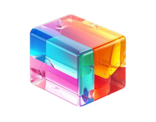 A clear cube refracting light, revealing a rainbow of colorful layers