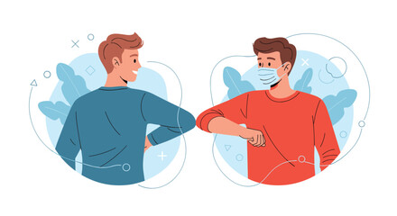 Two young men greeting each other with an elbow bump as a social distancing measure for health safety and virus prevention.