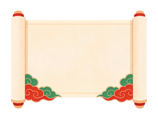 Traditional Asian blank scroll background with decorative red and green cloud patterns. Empty parchment frame or template for text, illustrations, or announcements.