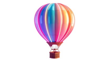 Vivid, colorful hot air balloon with neon accents against a black backdrop