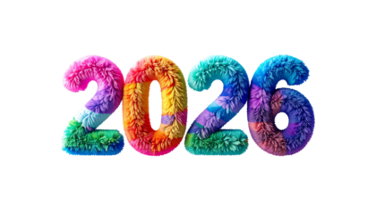 Colorful fluffy year "2026" numbers against black background