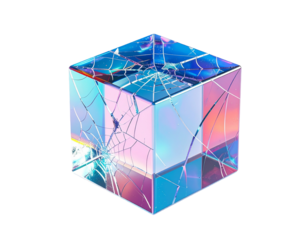 A shattered glass cube with iridescent reflections against a dark background