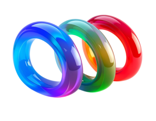 Three colorful, glossy, interlocking rings against a black background