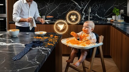 Candid Luxury Kitchen Scene: Parent Cleaning Carrot-Covered Baby amidst Marble Splatter with Futuristic AR Biohazard and Tornado Holograms