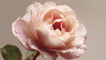 dewy pink rose on beige background