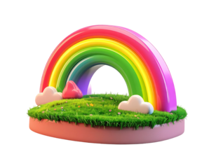 3D-rendered colorful rainbow over grassy patch with clouds