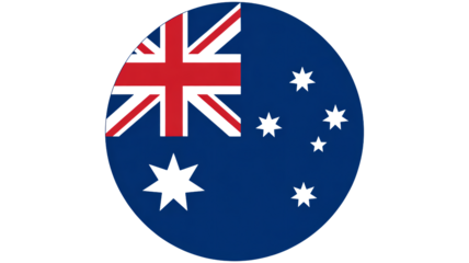 Australian flag in circular shape with Union Jack and Southern Cross stars in blue and white colors for national identity