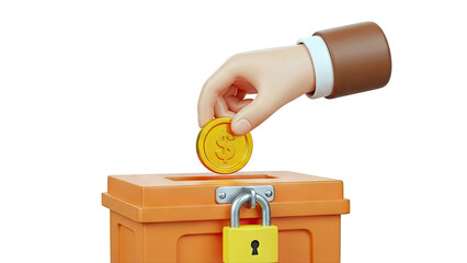 Hand Depositing Golden Coin into Locked Orange Box