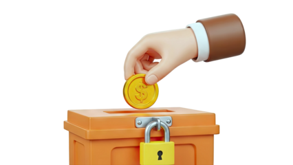 Hand Depositing Golden Coin into Locked Orange Box