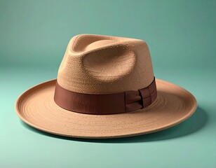 Elegant Tan Fedora Hat with Brown Band on Teal Background.