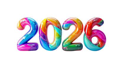 Colorful, glossy 2026 numerals rendered with a swirling rainbow effect