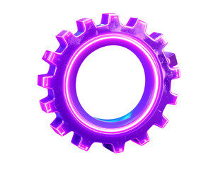 A purple neon gear with a glowing center against a black background