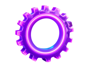 A purple neon gear with a glowing center against a black background