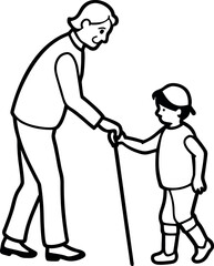 Line art illustration of a grandmother walking with her grandson and a walking stick.