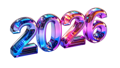 Gleaming, prismatic 2026 numerals rendered with depth, set against black