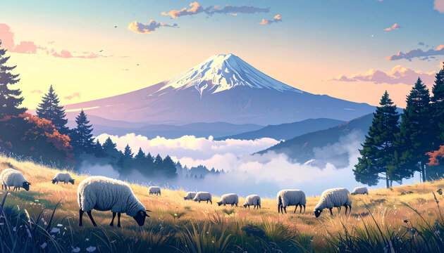富士山と雲海を背景に羊が草を食む夕暮れのアニメ風景