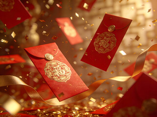 Festive red envelopes (hongbao) with golden 'Fu' characters and sparkling confetti falling, symbolizing good luck, prosperity, and wealth for Chinese New Year celebrations.