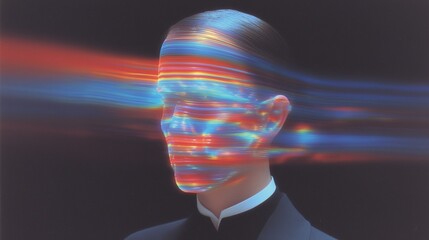 Human mind is visualized as vibrant, radiating holographic lines of energy. Self-identity concept, the complex essence of 'I', and the intersection of human consciousness with artificial constructs