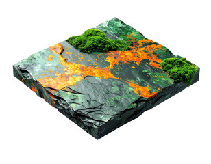 Isometric view of a rocky terrain with fiery orange accents and green foliage