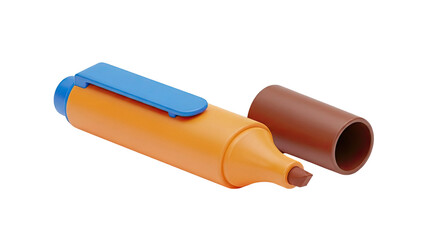Orange highlighter with blue cap and brown marker tip
