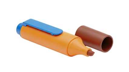 Orange highlighter with blue cap and brown marker tip