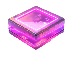 Neon-lit metallic cube, reflecting pink and purple light, on a black background