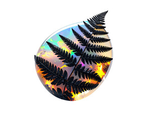 Black fern frond overlaying a holographic, tear-drop shape