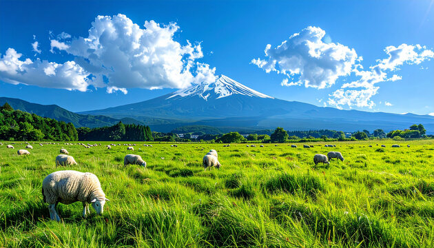 白い雲と富士山を背景にした羊の放牧風景