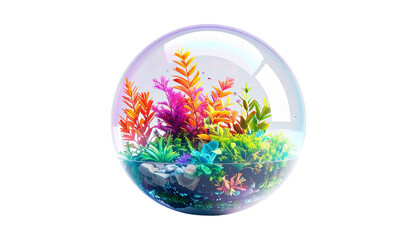 Colorful miniature world in a clear orb, vibrant plants and water