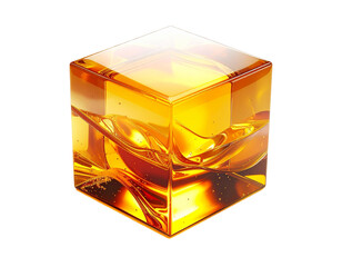Golden liquid inside a translucent cube against a black backdrop